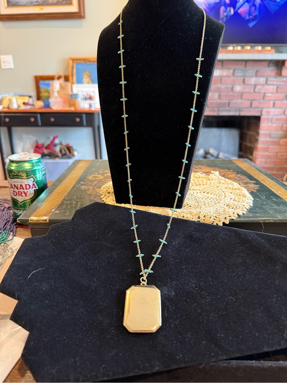 Gold Locket Pendant Necklace with Turquoise Bead Chain